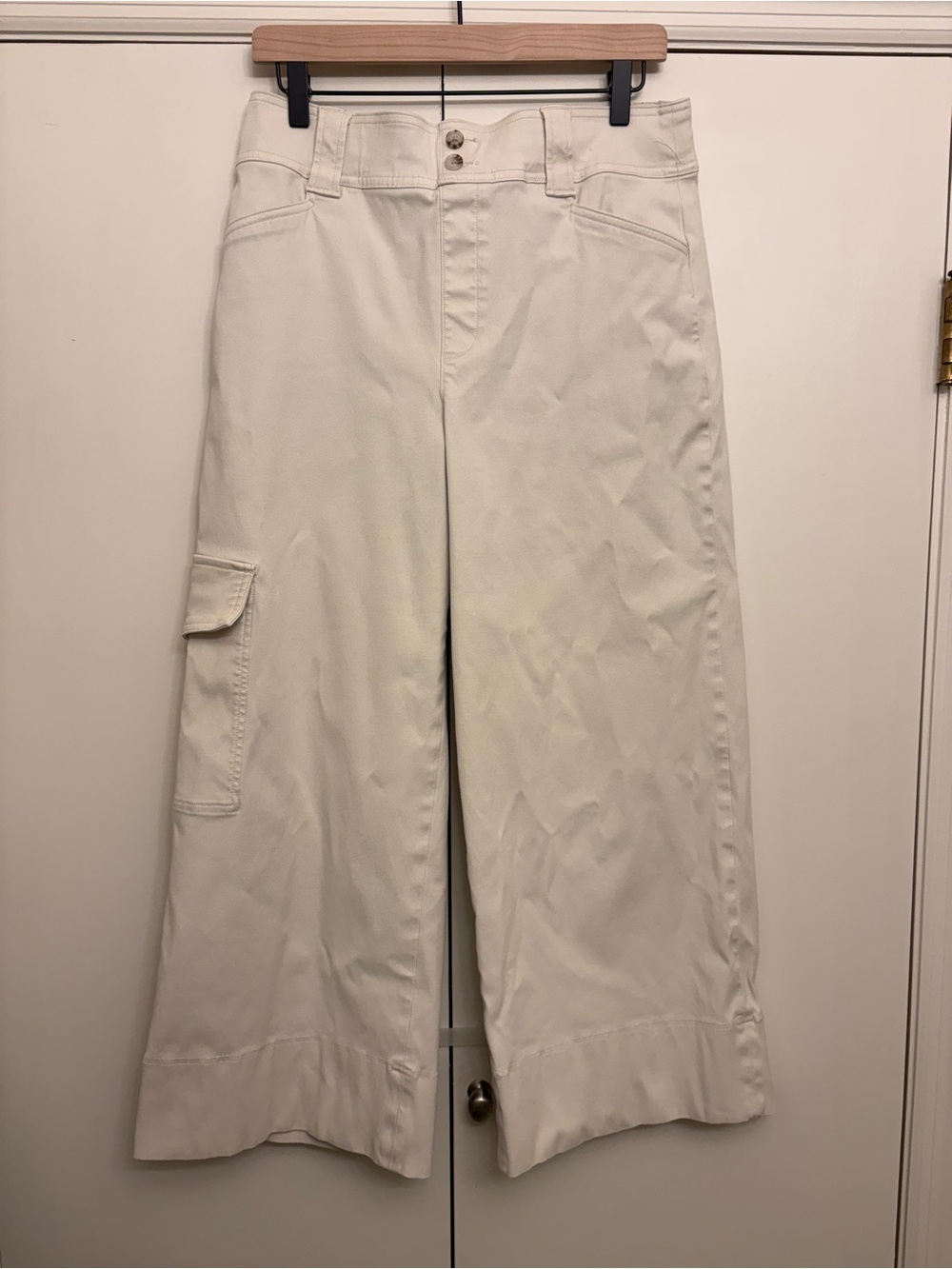 Spanx Stretch Twill Cropped Trouser Cargo Pants Wide Leg (Ivory) - L